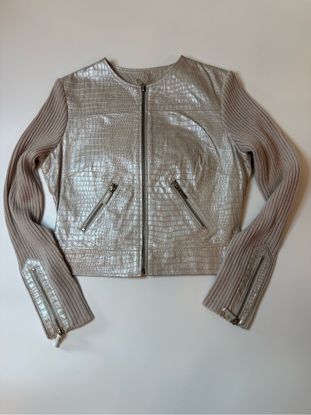 Phosphorus Genuine Leather Croc Embossed Mixed Media Jacket Small Champagne Moto